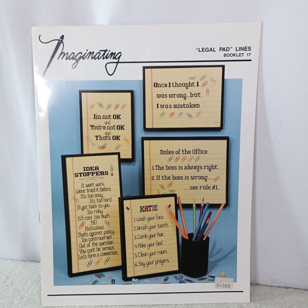 Vintage Imaginating Legal Pad Lines Cross Stitch Pattern Booklet 17 Office Sayin